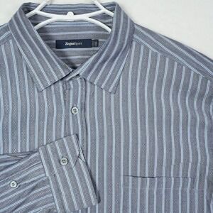 Zegna Sport Mens Size 2XL XXL Grey Blue Striped Button Down Shirt Long Sleeve